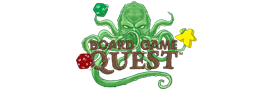 Logo of monster with tentacles holding a dice, meeple, with Board Game Quest written