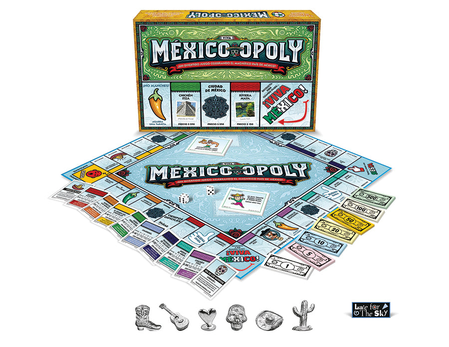 layout of Mexico opoly board game with cards and tokens